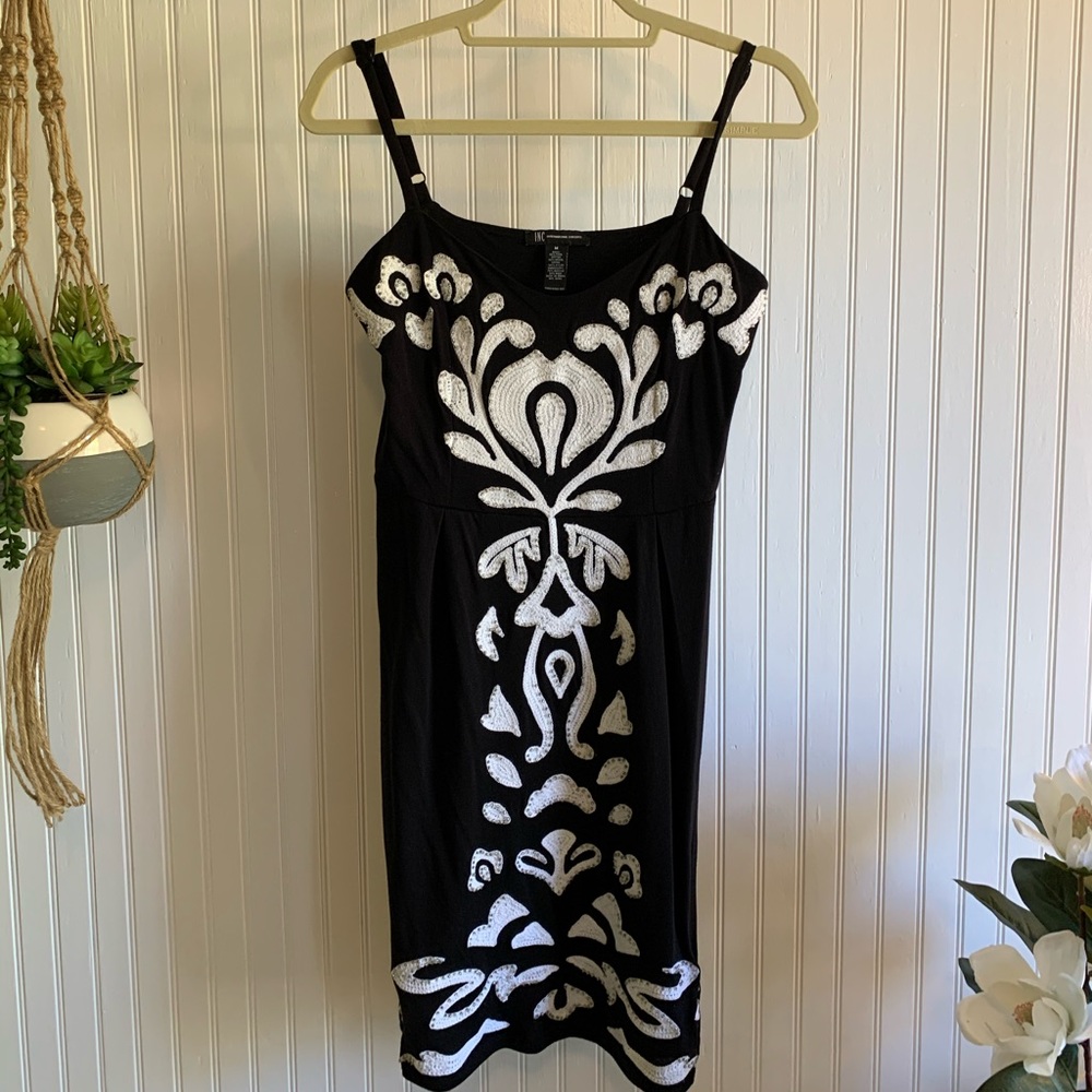 INC Black Dress w White Design Silver Beads NWOT M